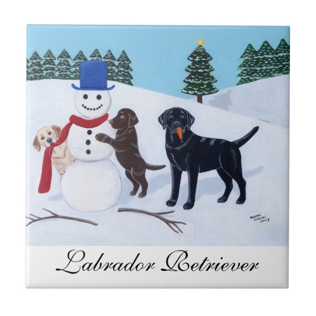 Carreau Noël du Labrador avec la peinture de Snowman (Devant)