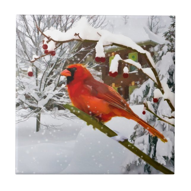 Carreau Noël, oiseau cardinal, neige, tuile (Devant)