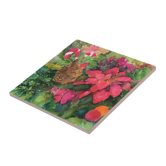 Carreau Noel Poinsettia peinture aquarelle originale (Côté)