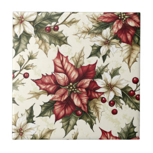 Carreau Noël Poinsettia Rouge Crème Vintage