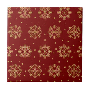 Carreau Noël Rouge Carmin Flocon de Neige Or Luxueux