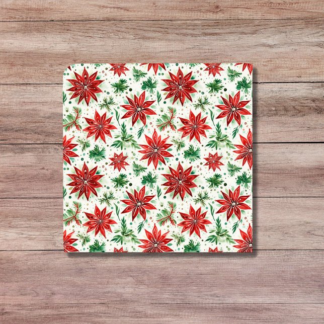 Carreau Noël Rouge et vert Poinsettia Floral (Christmas Red and Green Poinsettia Floral Ceramic Tile)