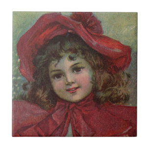 Carreau Noël Victorien Enfant Rouge Casquette Portrait Fil