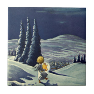 Carreau Noël vintage, ange de neige marchant avec une étoi