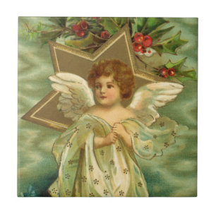 Carreau Noël vintage, Ange victorien avec étoiles d'or