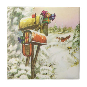Carreau Noël vintage, boîtes aux lettres dans un paysage h