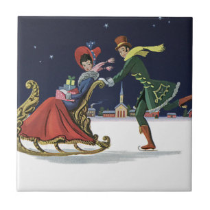 Carreau Noël vintage, couple amoureux patinant