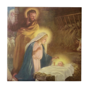 Carreau Noël vintage de la Nativité, Marie Joseph Enfant J