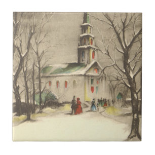 Carreau Noël vintage, église dans un paysage enneigé d'hiv