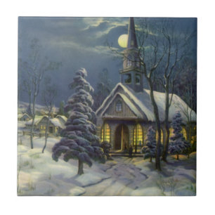 Carreau Noël vintage, église hivernale dans la neige avec 