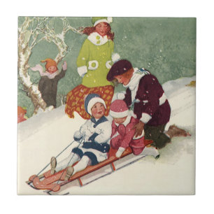 Carreau Noël vintage, enfants faisant de la luge dans la n