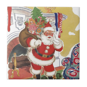 Carreau Noël vintage, joyeux Père Noël avec des cadeaux