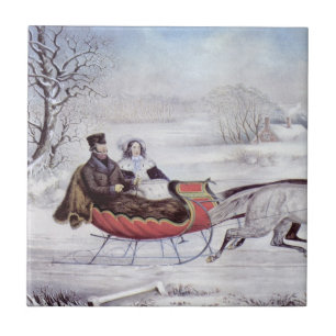 Carreau Noël vintage, La route d'hiver, Traîneau à cheval