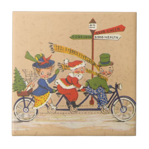 Carreau Noël vintage, le Père Noël à bicyclette