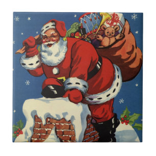 Carreau Noël vintage, le Père Noël descend Chimney avec jo