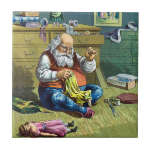 Carreau Noël vintage, le Père Noël fabriquant des poupées