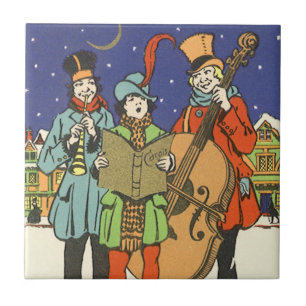 Carreau Noël vintage, musiciens chantant des chants avec d