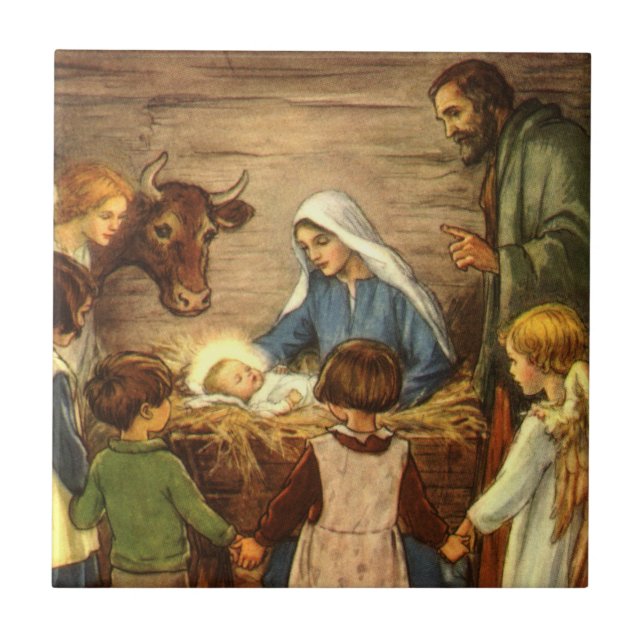 Carreau Noël Vintage, Nativité Religieuse avec Bébé Jésus (Devant)
