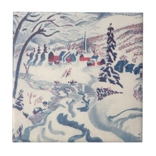 Carreau Noël vintage, paysage hivernal de village enneigé