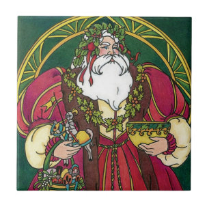 Carreau Noël vintage, Père Noël avec feuilles de houx