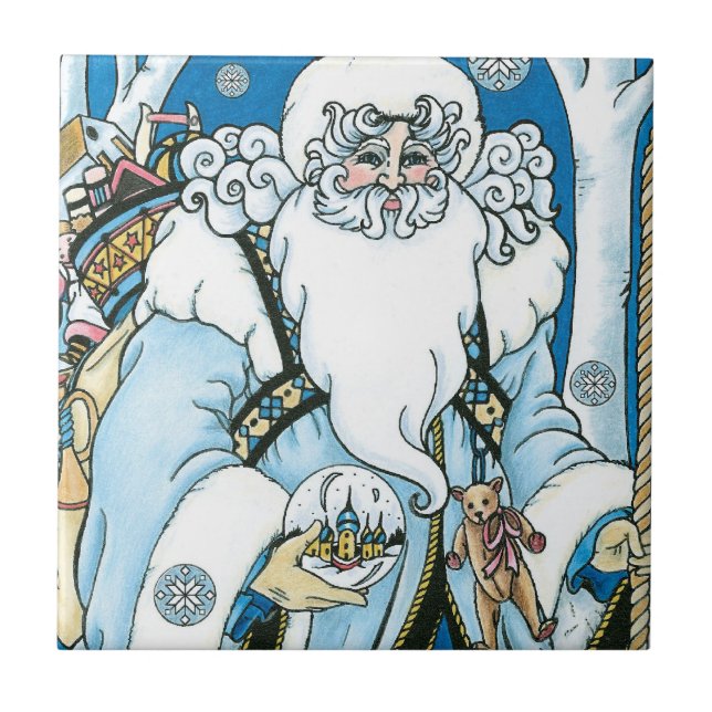Carreau Noël Vintage, Père Noël Bleu avec Snowglobe (Devant)