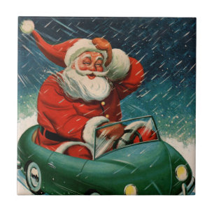 Carreau Noël vintage, Père Noël dans une voiture mignonne