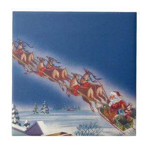 Carreau Noël vintage, Père Noël volant en traîneau avec re