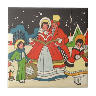 Carreau Noël vintage, une famille chantant des chants de m
