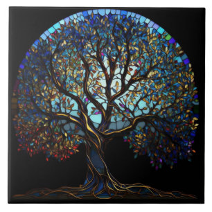 Carreau noir avec arbre de vie en mosaïque multico
