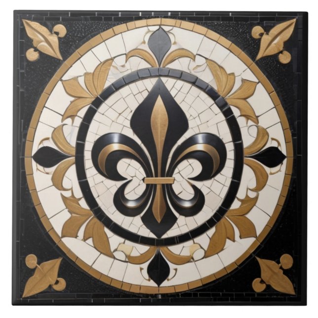 Carreau Noir Blanc et Or Fleur de Lis Faux Mosaïque (Devant)