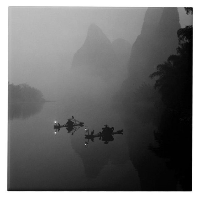 Carreau Noir et blanc, Chine, Rivière Li, Pêcheur sur (Devant)