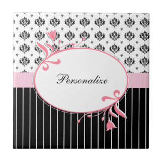 Carreau Noir Et Blanc Damas Chic Rose Floral Avec Nom