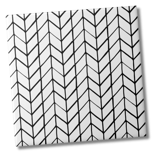Carreau Noir Noir Noir (Modern Chic Black White Herringbone Ceramic Tile)