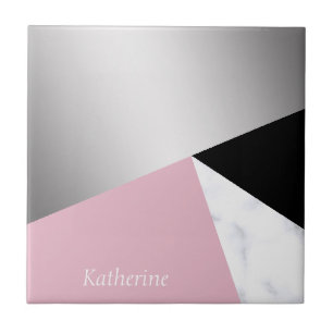 Carreau Noir rose de marbre blanc argenté géométrique