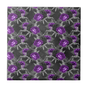 Carreau Noir violet Rose Argent Feuille Jardin sombre