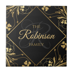 Carreau Nom de famille élégant Monogram Black and Gold Flo