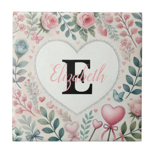 Carreau Nom de monogramme Coeurs Vintages aquarelle floral