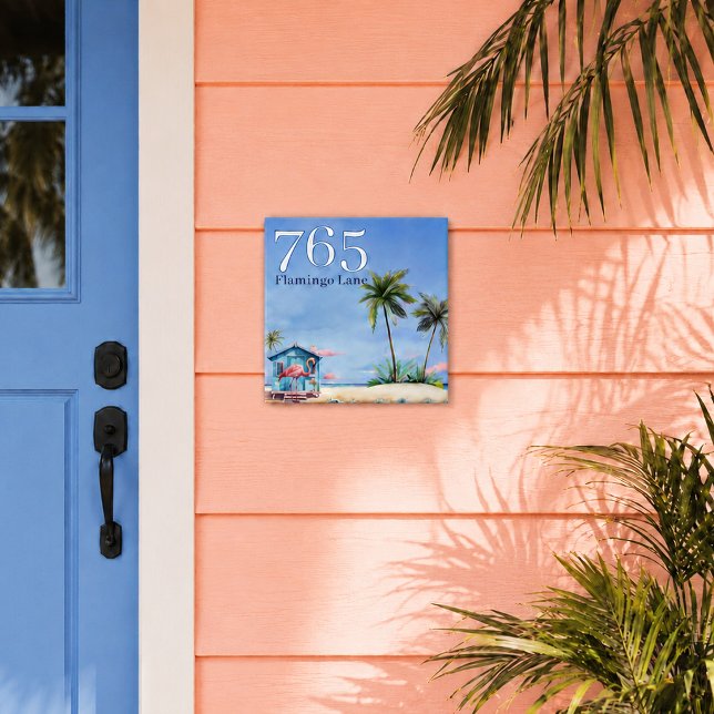 Carreau Nom de rue de maison de plage numéro rivage (custom beach house number and street name ceramic tile displayed at tropical cottage door)