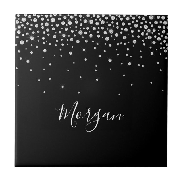 Carreau Nom DIY Écriture Blanche & Diamants Blancs, Noir (Devant)