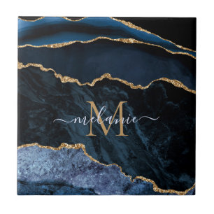 Carreau Nom du monogramme Agate Marine Bleu Gold Gemstone