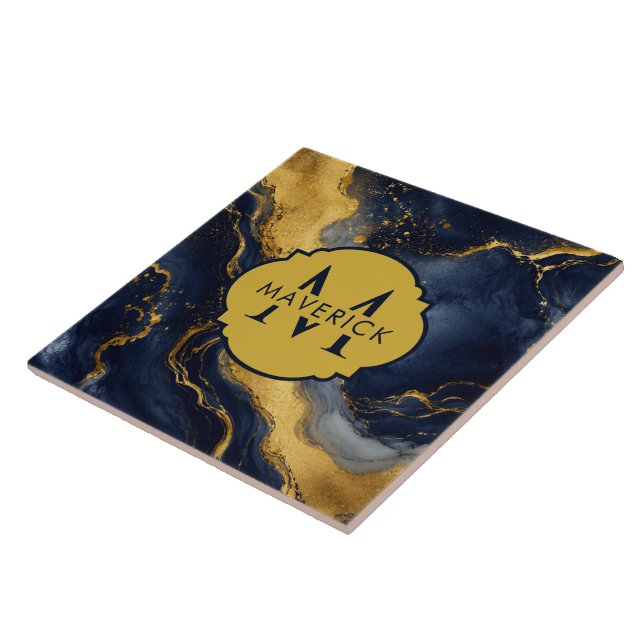 Carreau Nom en monogramme sur marbre abstrait NavyGold Flu (Côté)