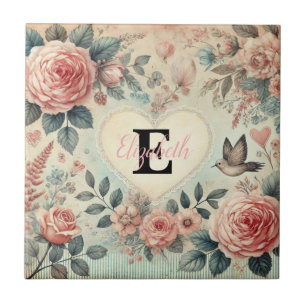 Carreau Nom monogramme Coeurs romantiques vintages rose fl