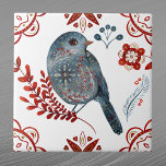 Carreau Nordique Bleu Songbird Aquarelle Art folklorique<br><div class="desc">Design nordique avec un oiseau-chanteur bleu.</div>