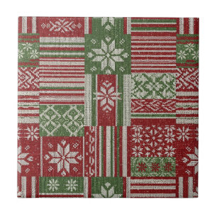 Carreau Nordique Fleur d'Île de Noël Rouge Vert Tricot