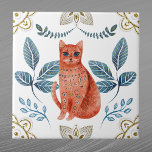 Carreau Nordique Orange Chat Aquarelle Folk Art<br><div class="desc">Design nordique avec chat orange.</div>