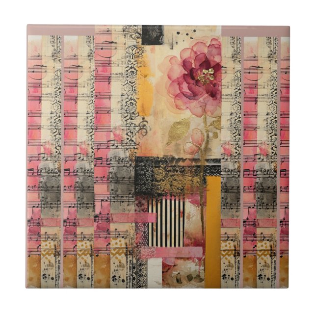 Carreau Notes de musique et de fleurs roses (Devant)