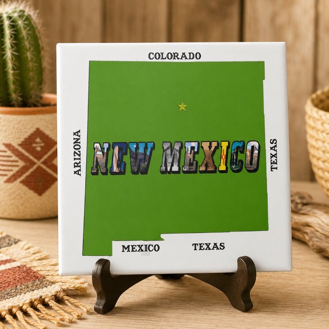 Carreau Nouveau texte de photo de contour de carte du Mexi (New Mexico Map Outline Photo Text Tile)
