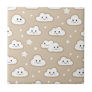 Carreau Nuages et Étoiles Souriants Kawaii sur Fond Beige