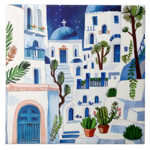 Carreau Nuit Santorin Grèce Aquarelle Bleu Blanc Grec