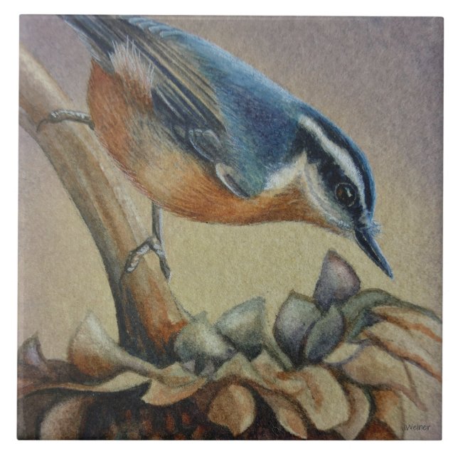 Carreau Nuthatch Oiseau et graines de tournesol Aquarelle  (Devant)